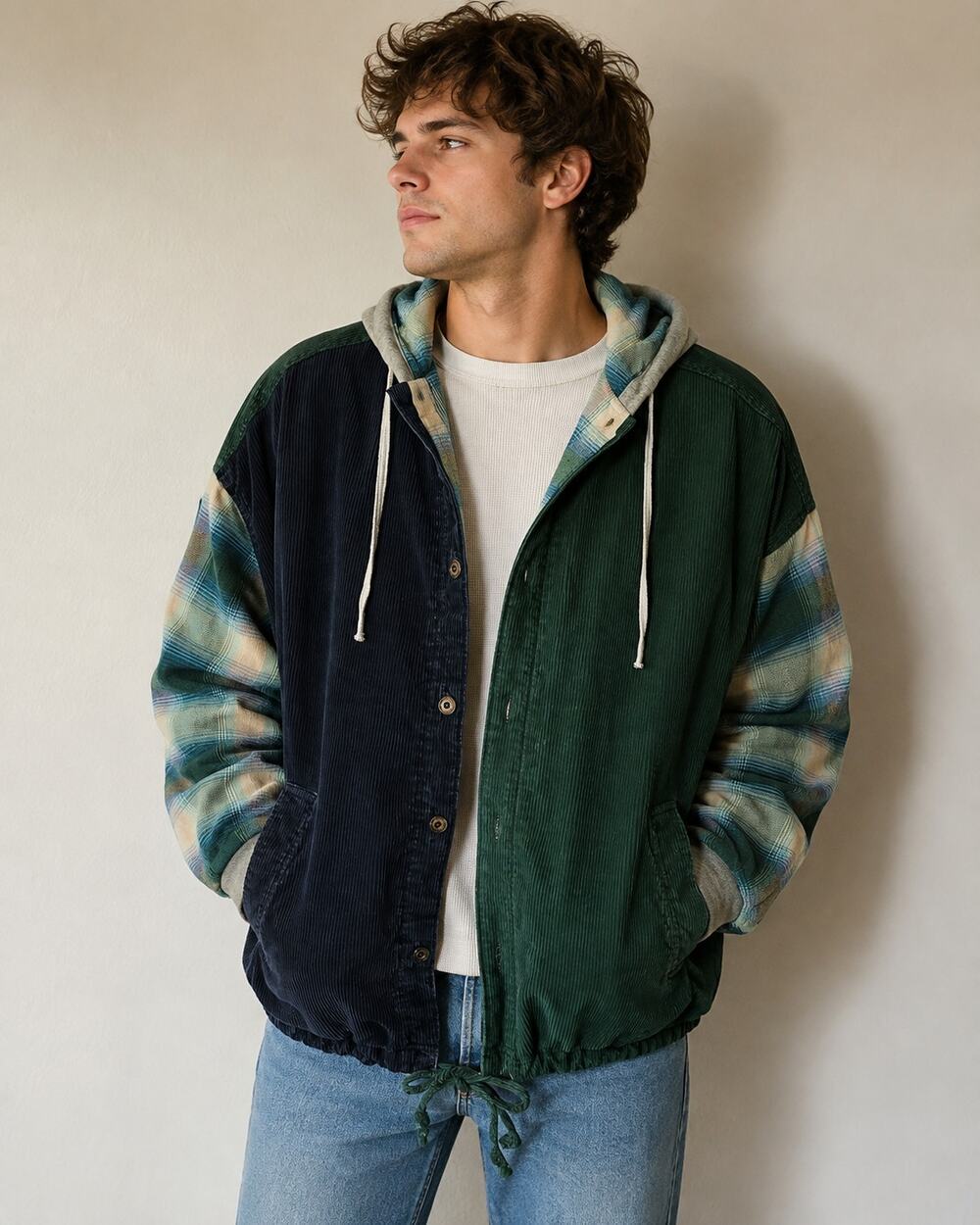 Vintage 90s Braetan Colorblock Corduroy Plaid Hooded Jacket Oversized Mens Small
